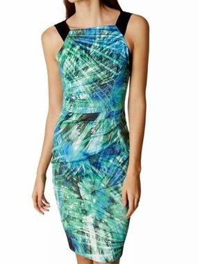 Karen Millen Green and Blue Printed Midi Sheath Dress